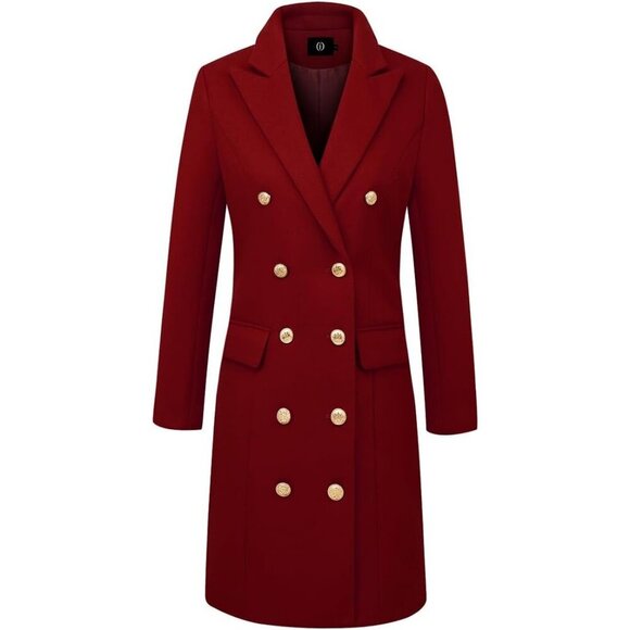 Women's Maple Red Double-Breasted Wool Midi Trench Peacoat for Fall & Winter - Picture 4 of 8